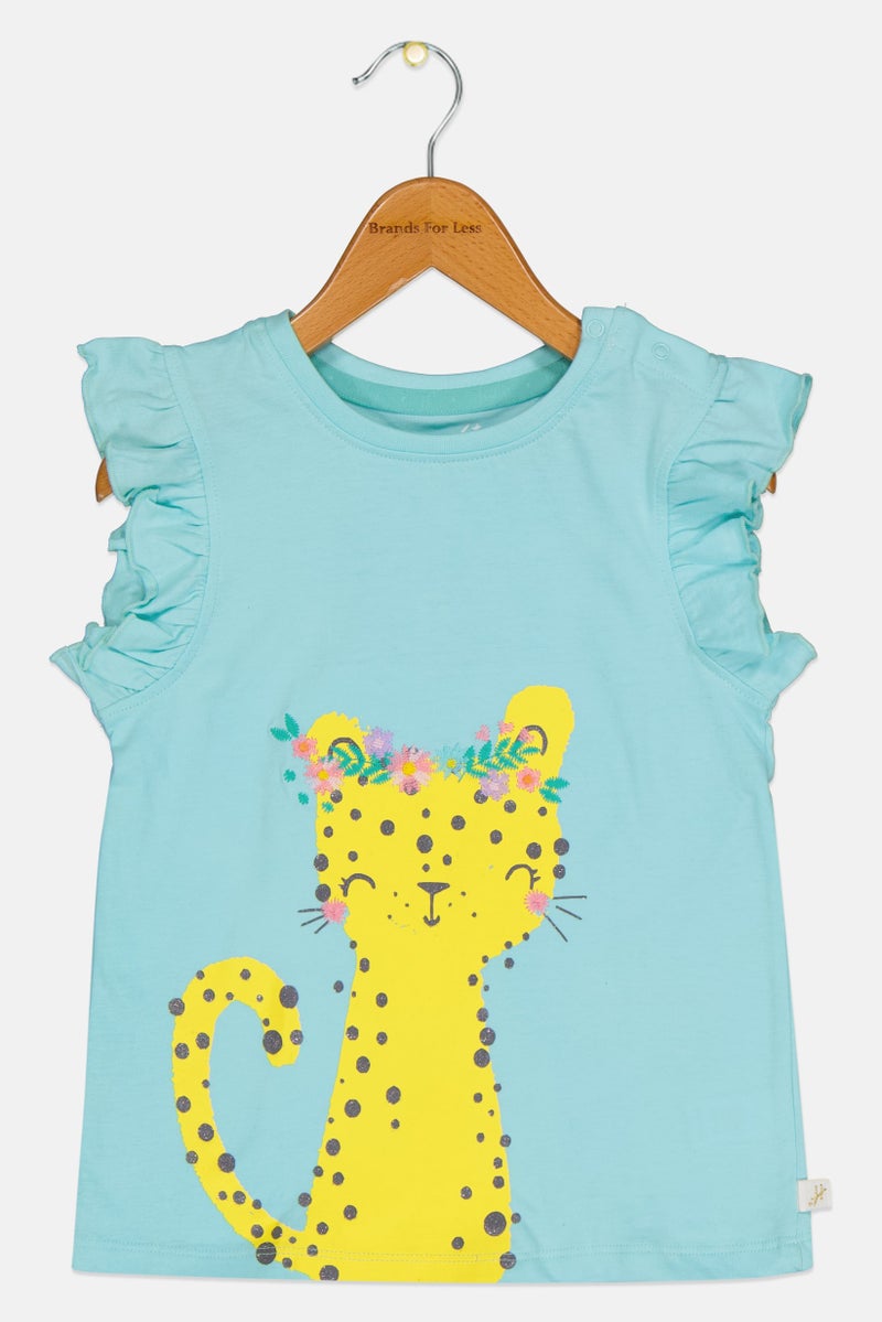Hamleys Toddlers Girl Graphic Print Ruffle Sleeve Top, Turquoise - Image 1